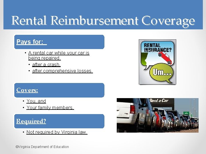Rental Reimbursement Coverage Pays for: • A rental car while your car is being
