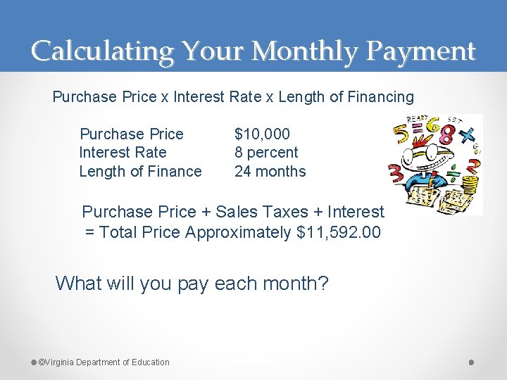 Calculating Your Monthly Payment Purchase Price x Interest Rate x Length of Financing Purchase