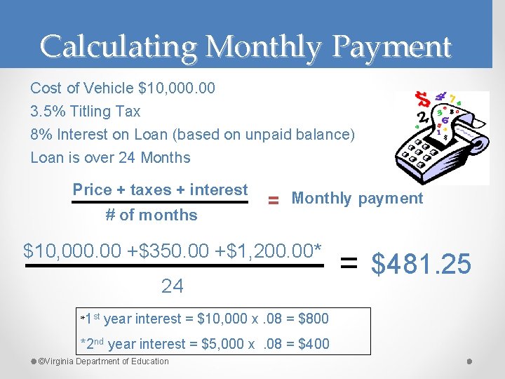 Calculating Monthly Payment Cost of Vehicle $10, 000. 00 3. 5% Titling Tax 8%