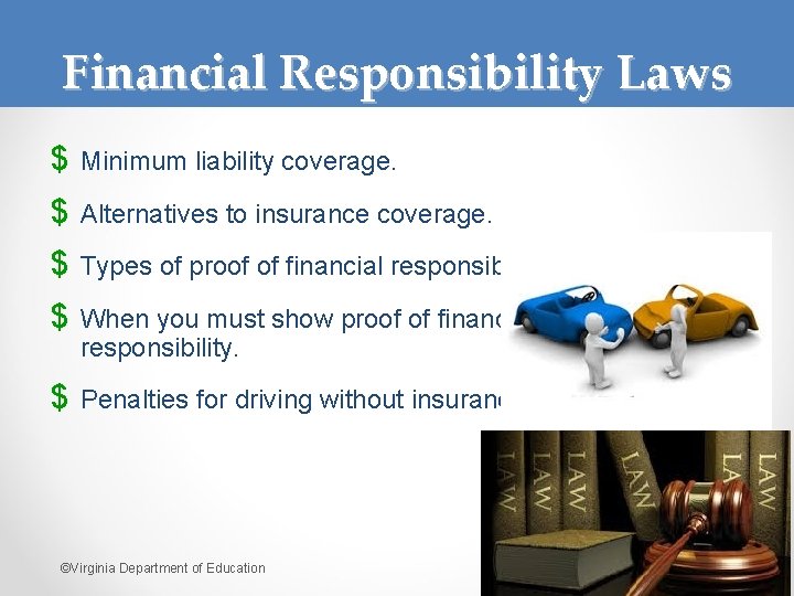 Financial Responsibility Laws $ Minimum liability coverage. $ Alternatives to insurance coverage. $ Types