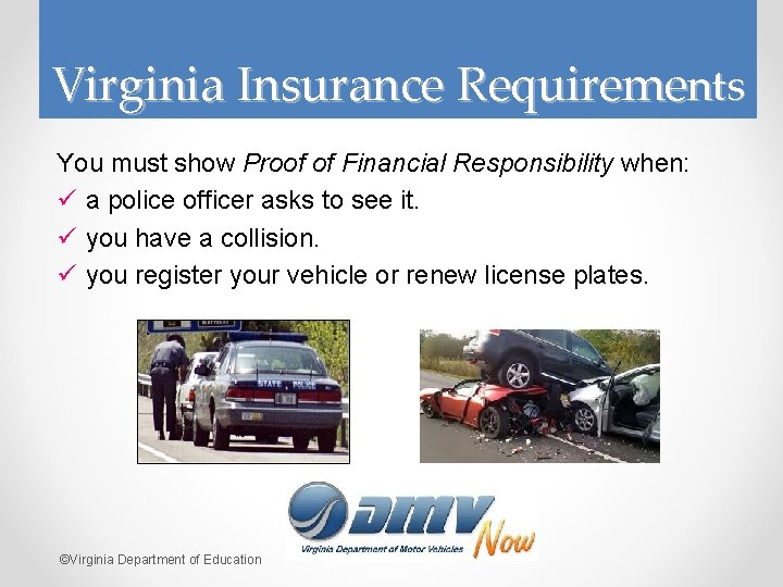 Virginia Insurance Requirements You must show Proof of Financial Responsibility when: ü a police