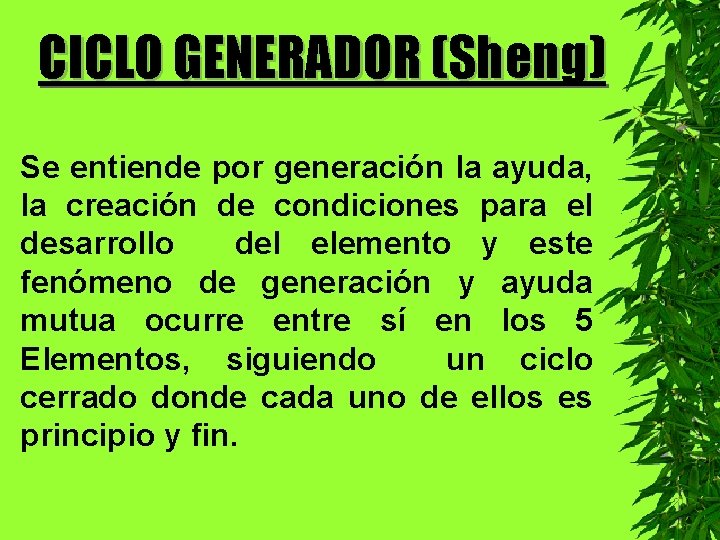 CICLO GENERADOR (Sheng) Se entiende por generación la ayuda, la creación de condiciones para