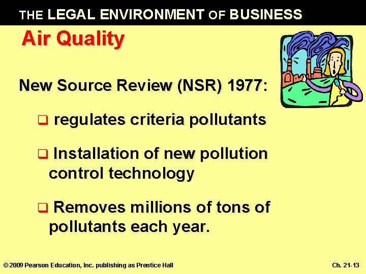 THE LEGAL ENVIRONMENT OF BUSINESS Air Quality New Source Review (NSR) 1977: q regulates