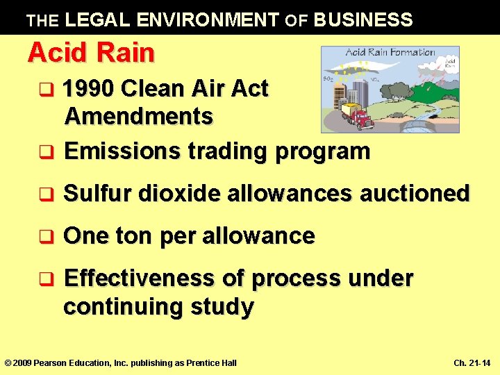 THE LEGAL ENVIRONMENT OF BUSINESS Acid Rain 1990 Clean Air Act Amendments q Emissions