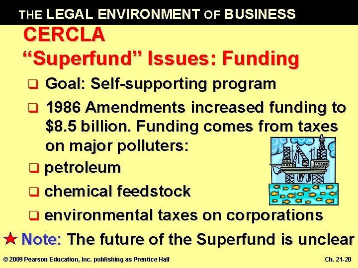 THE LEGAL ENVIRONMENT OF BUSINESS CERCLA “Superfund” Issues: Funding Goal: Self-supporting program q 1986
