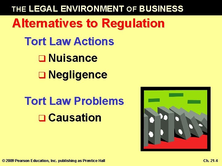 THE LEGAL ENVIRONMENT OF BUSINESS Alternatives to Regulation Tort Law Actions q Nuisance q