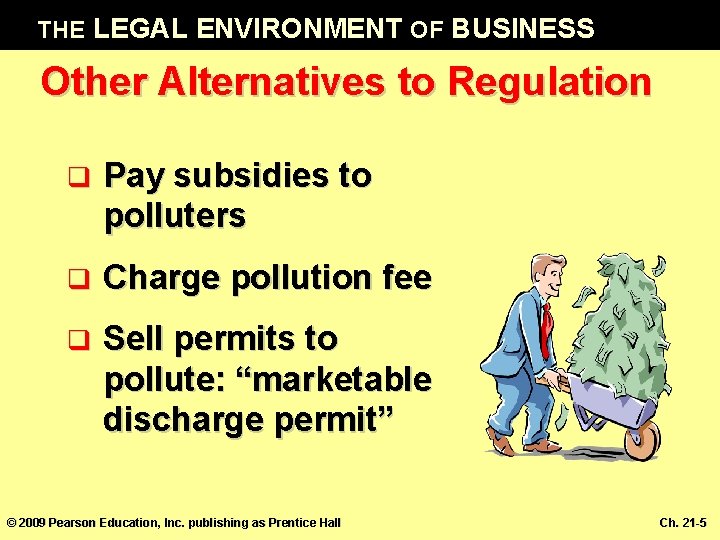 THE LEGAL ENVIRONMENT OF BUSINESS Other Alternatives to Regulation q Pay subsidies to polluters