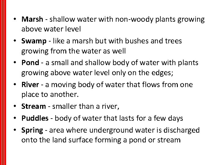  • Marsh - shallow water with non-woody plants growing above water level •