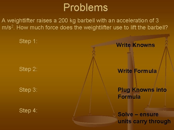 Problems A weightlifter raises a 200 kg barbell with an acceleration of 3 m/s