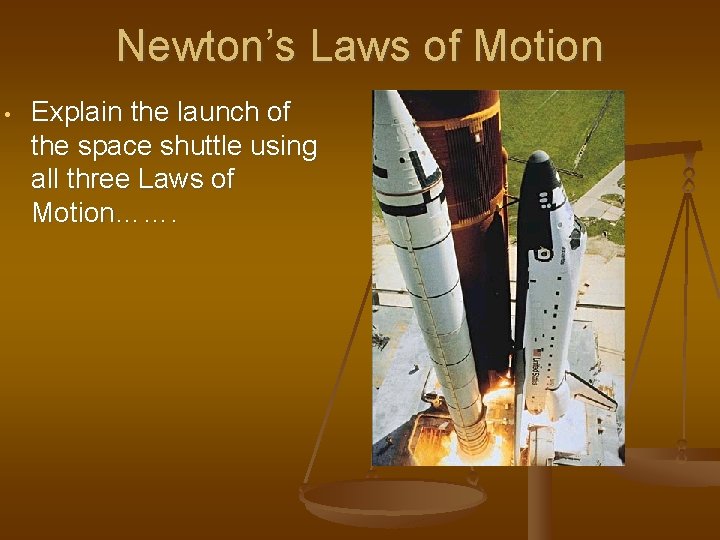 Newton’s Laws of Motion • Explain the launch of the space shuttle using all