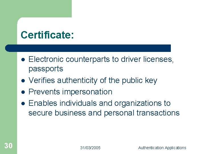 Certificate: l l 30 Electronic counterparts to driver licenses, passports Verifies authenticity of the