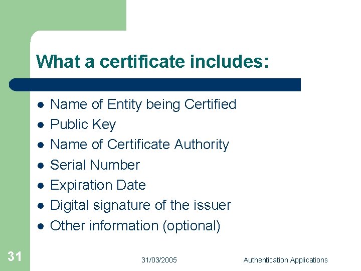 What a certificate includes: l l l l 31 Name of Entity being Certified