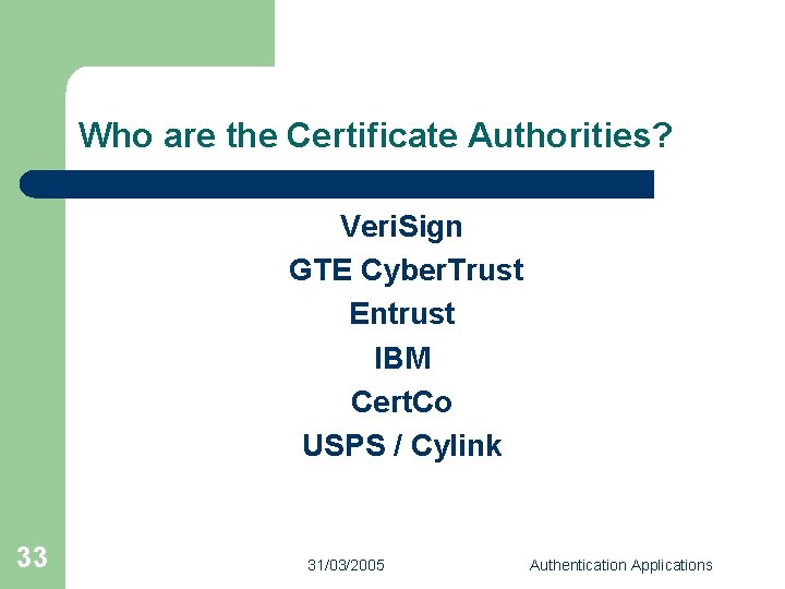 Who are the Certificate Authorities? Veri. Sign GTE Cyber. Trust Entrust IBM Cert. Co