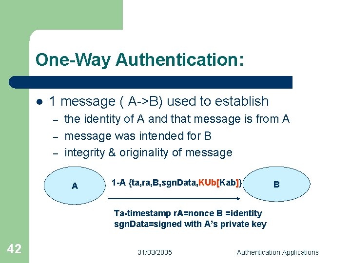 One-Way Authentication: l 1 message ( A->B) used to establish – – – the