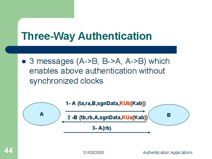 Three-Way Authentication l 3 messages (A->B, B->A, A->B) which enables above authentication without synchronized