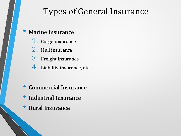 Types of General Insurance • Marine Insurance 1. 2. 3. 4. Cargo insurance Hull