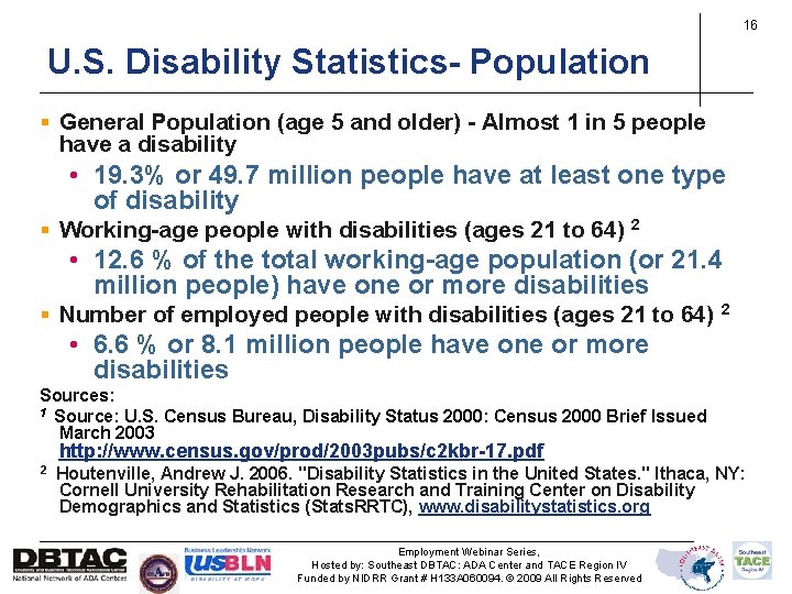 16 U. S. Disability Statistics- Population § General Population (age 5 and older) -