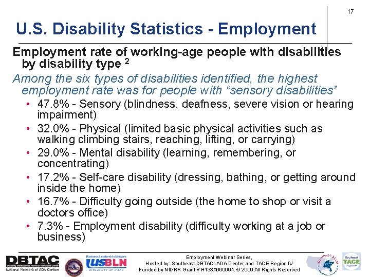 17 U. S. Disability Statistics - Employment rate of working-age people with disabilities by