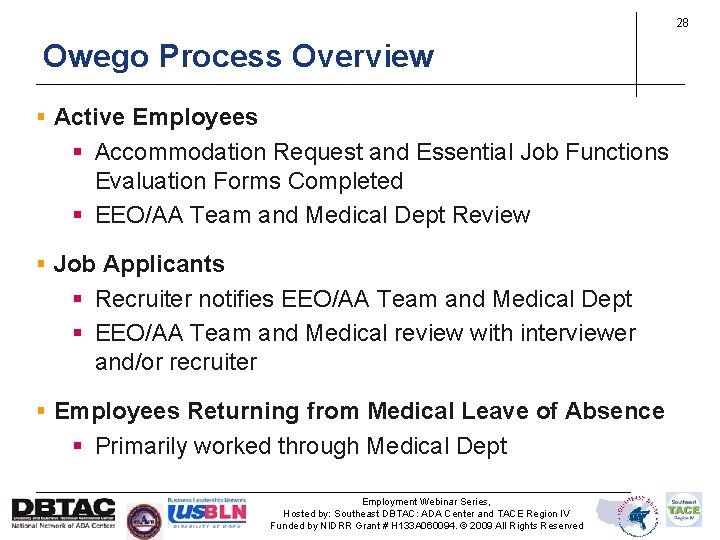28 Owego Process Overview § Active Employees § Accommodation Request and Essential Job Functions