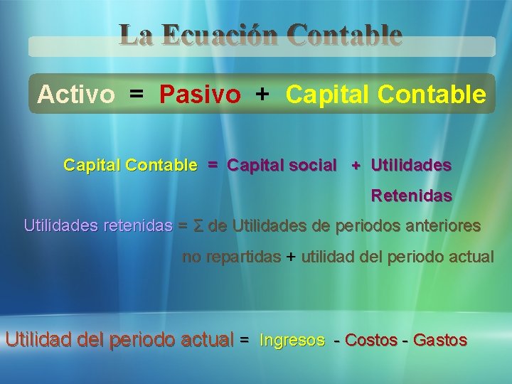 La Ecuación Contable Activo = Pasivo + Capital Contable = Capital social + Utilidades