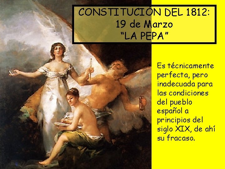 CONSTITUCIÓN DEL 1812: 19 de Marzo “LA PEPA” • Es técnicamente perfecta, pero inadecuada