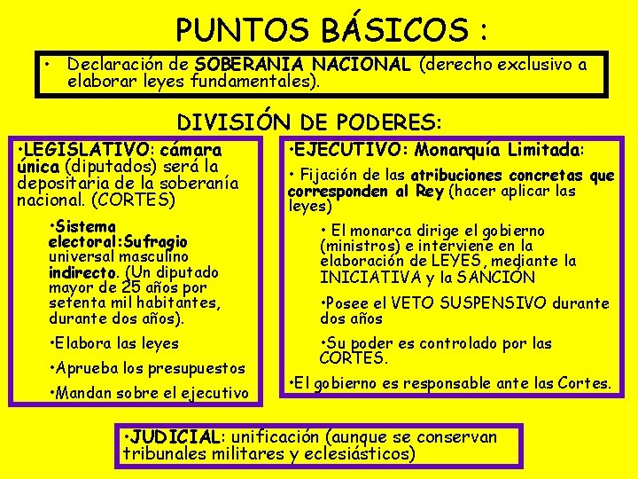 PUNTOS BÁSICOS : • Declaración de SOBERANÍA NACIONAL (derecho exclusivo a elaborar leyes fundamentales).