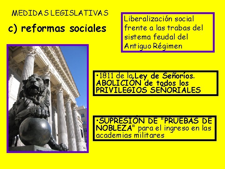 MEDIDAS LEGISLATIVAS c) reformas sociales Liberalización social frente a las trabas del sistema feudal