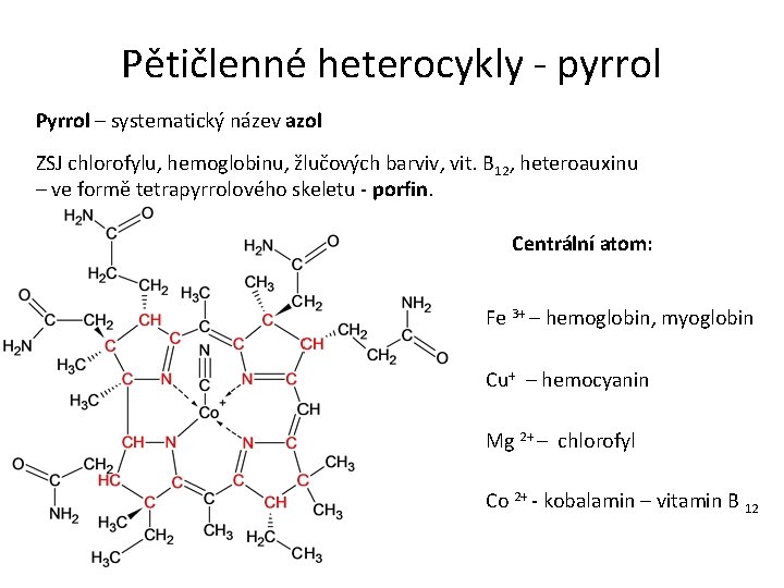 Pětičlenné heterocykly - pyrrol Pyrrol – systematický název azol ZSJ chlorofylu, hemoglobinu, žlučových barviv,