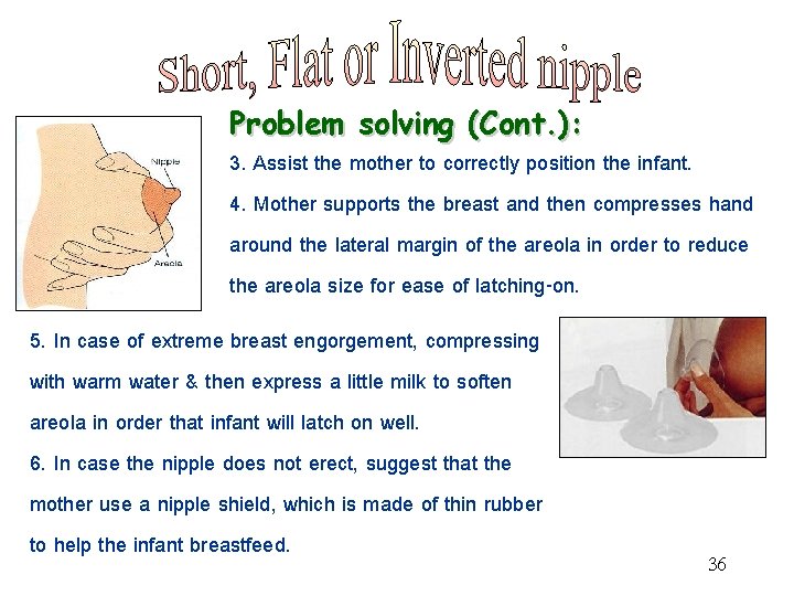 Problem solving (Cont. ): 3. Assist the mother to correctly position the infant. 4.