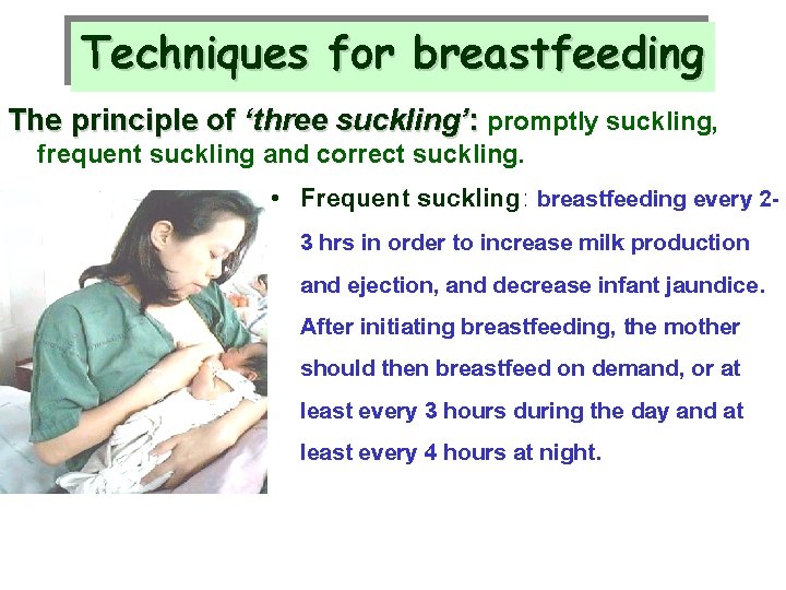 Techniques for breastfeeding The principle of ‘three suckling’: promptly suckling, frequent suckling and correct