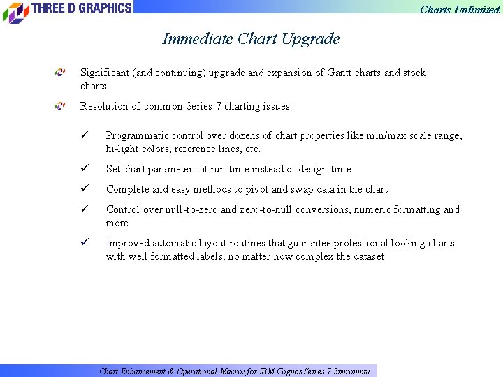 Charts Unlimited Immediate Chart Upgrade Significant (and continuing) upgrade and expansion of Gantt charts