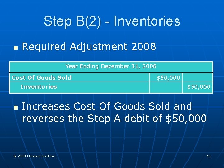 Step B(2) - Inventories n Required Adjustment 2008 Year Ending December 31, 2008 Cost