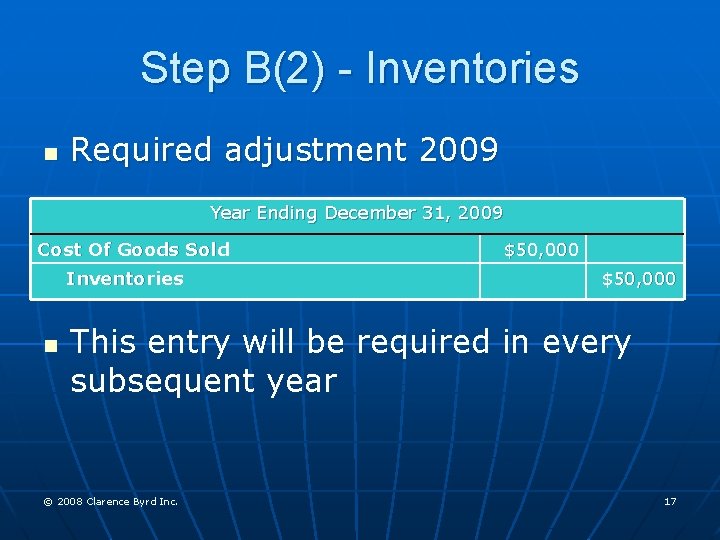 Step B(2) - Inventories n Required adjustment 2009 Year Ending December 31, 2009 Cost