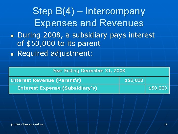 Step B(4) – Intercompany Expenses and Revenues n n During 2008, a subsidiary pays