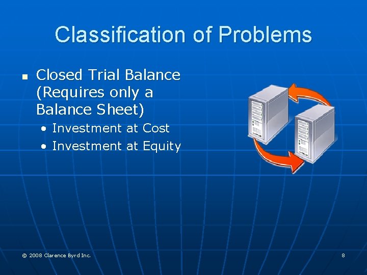 Classification of Problems n Closed Trial Balance (Requires only a Balance Sheet) • Investment