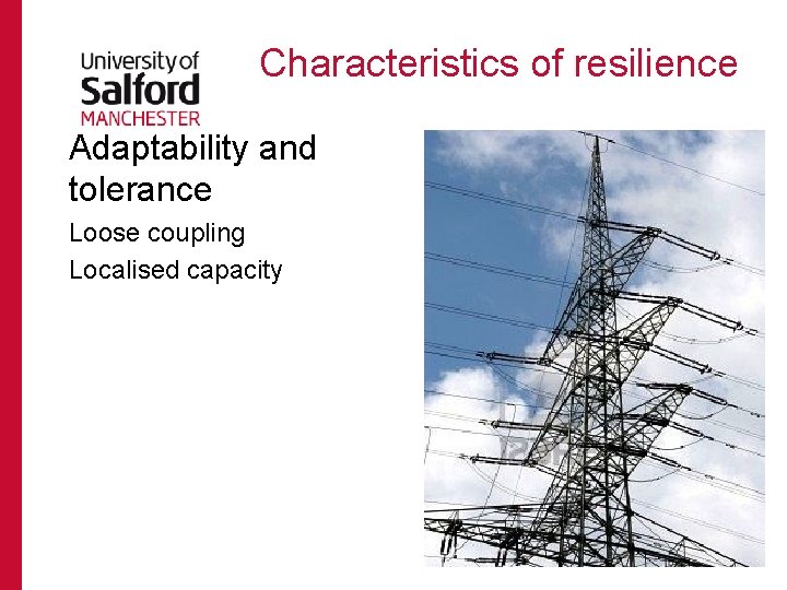 Characteristics of resilience Adaptability and tolerance Loose coupling Localised capacity 