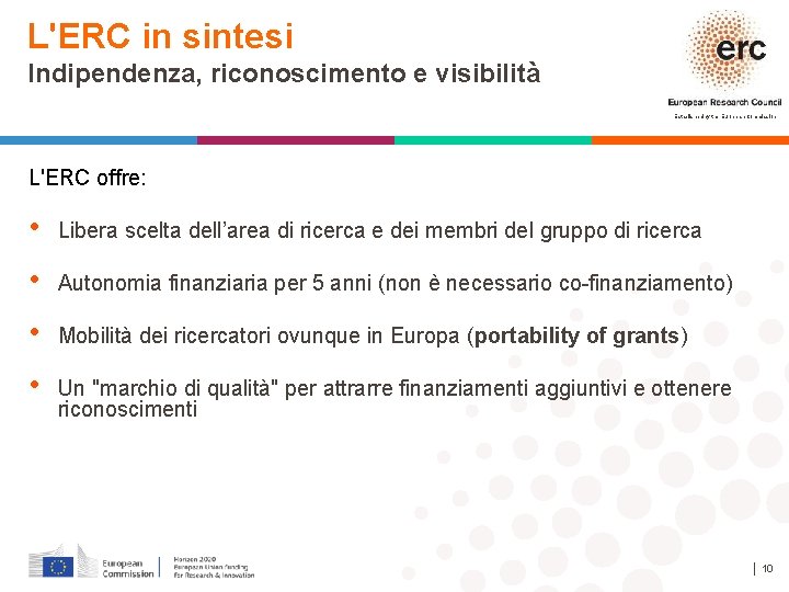 L'ERC in sintesi Indipendenza, riconoscimento e visibilità Established by the European Commission L'ERC offre: