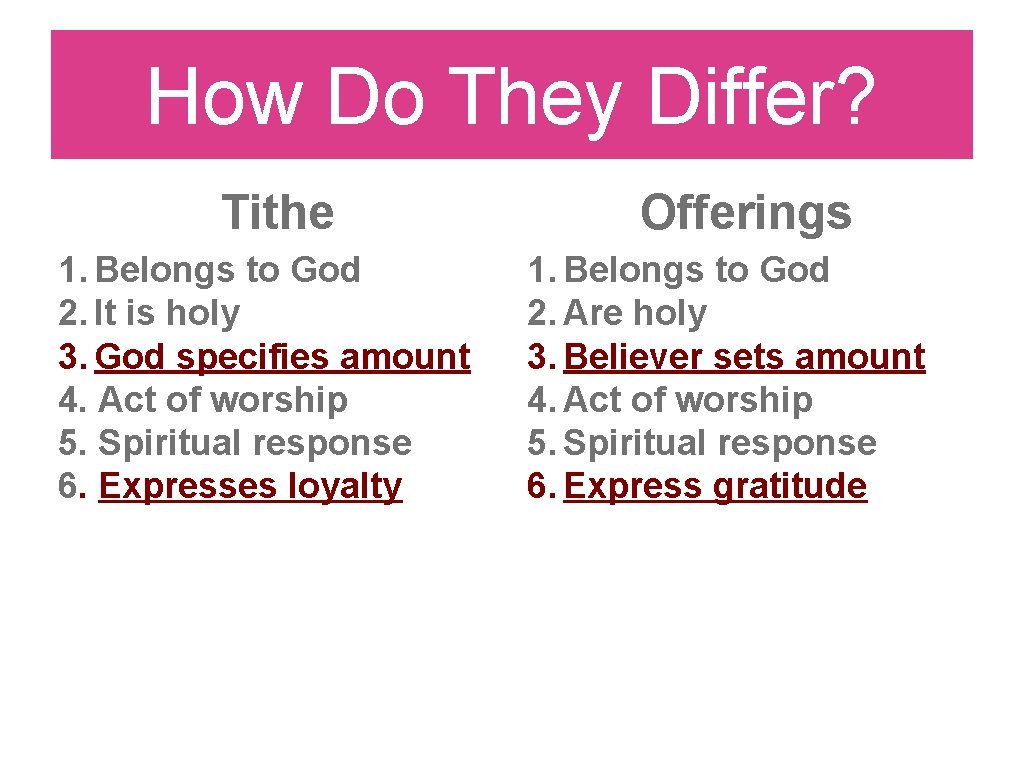 How Do They Differ? Tithe 1. Belongs to God 2. It is holy 3.