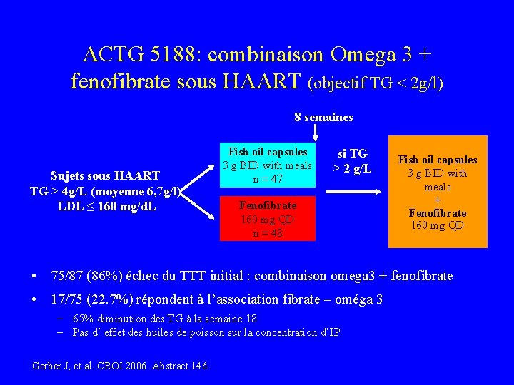 ACTG 5188: combinaison Omega 3 + fenofibrate sous HAART (objectif TG < 2 g/l)