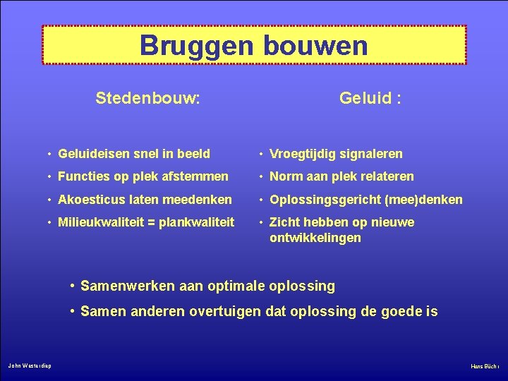 Bruggen bouwen Stedenbouw: Geluid : • Geluideisen snel in beeld • Vroegtijdig signaleren •