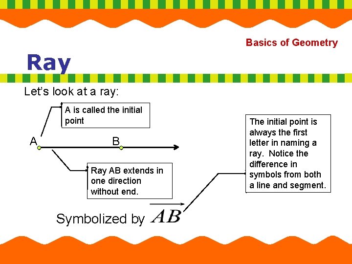 Basics of Geometry Ray Let’s look at a ray: A is called the initial