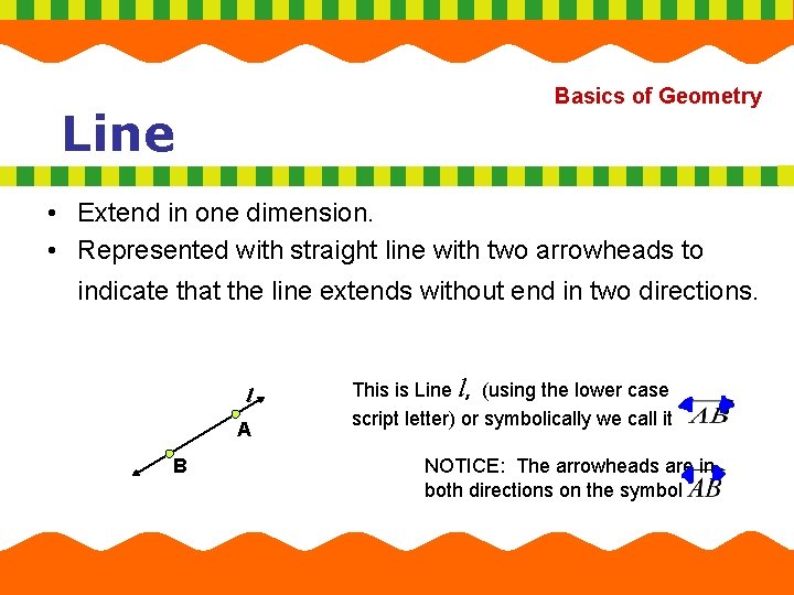 Basics of Geometry Line • Extend in one dimension. • Represented with straight line
