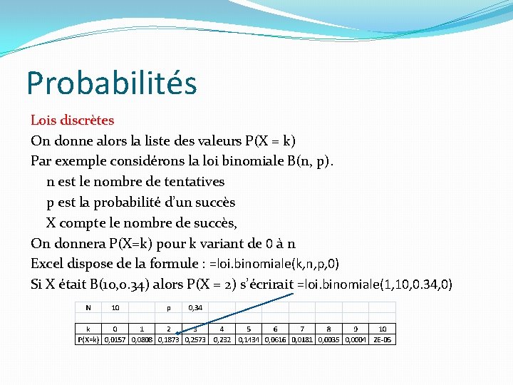 Probabilités Lois discrètes On donne alors la liste des valeurs P(X = k) Par