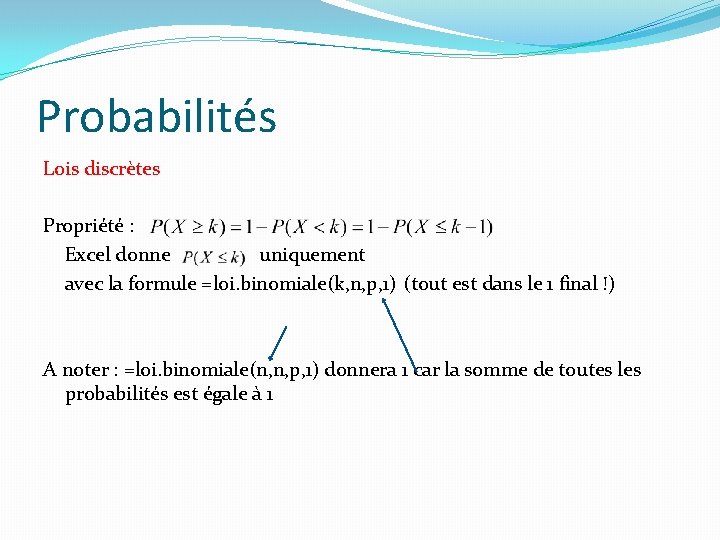 Probabilités Lois discrètes Propriété : Excel donne uniquement avec la formule =loi. binomiale(k, n,