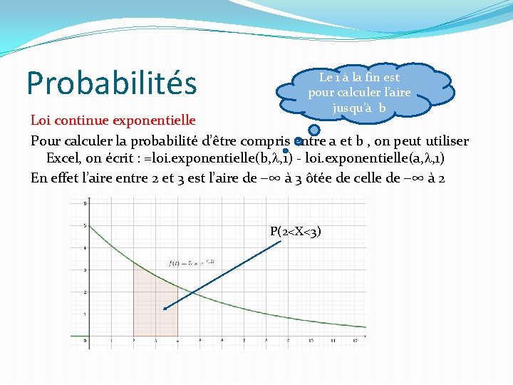 Probabilités Le 1 à la fin est pour calculer l’aire jusqu’à b Loi continue