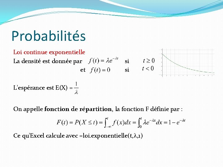 Probabilités Loi continue exponentielle La densité est donnée par et si si L’espérance est