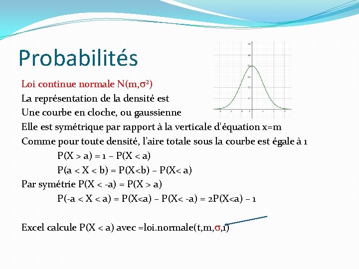 Probabilités Loi continue normale N(m, ²) La représentation de la densité est Une courbe