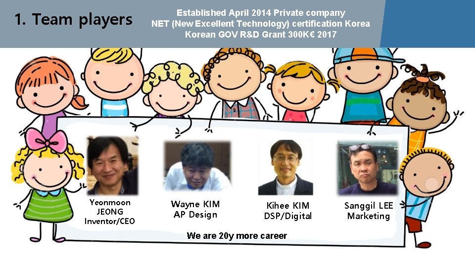 1. Team players Yeonmoon JEONG Inventor/CEO Established April 2014 Private company NET (New Excellent