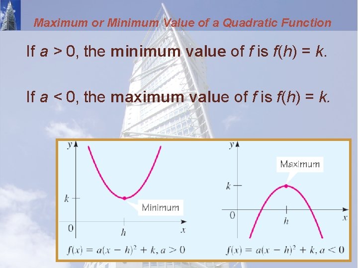 Maximum or Minimum Value of a Quadratic Function If a > 0, the minimum