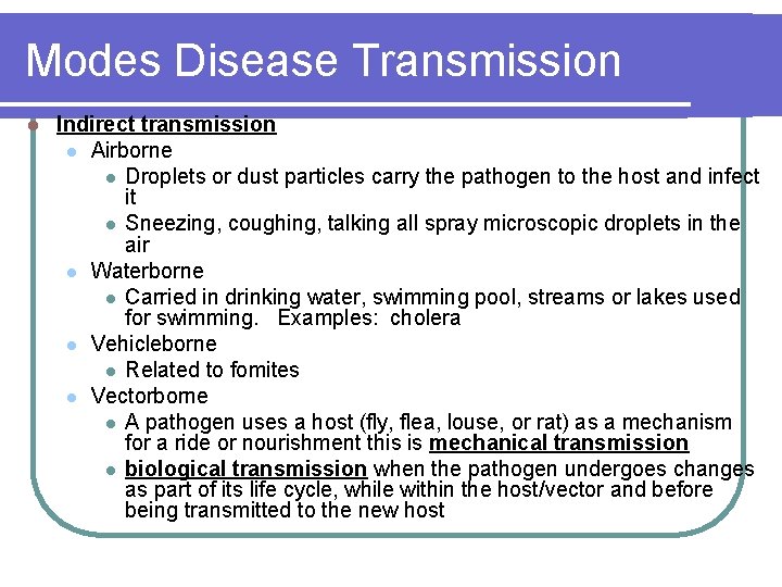 Modes Disease Transmission l Indirect transmission l Airborne l Droplets or dust particles carry